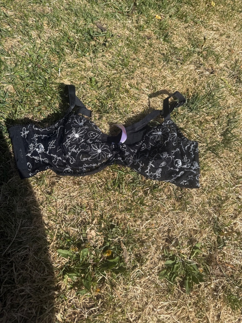 Savage X Fenty Black Floral Script Underwire Bra with Purple Bow